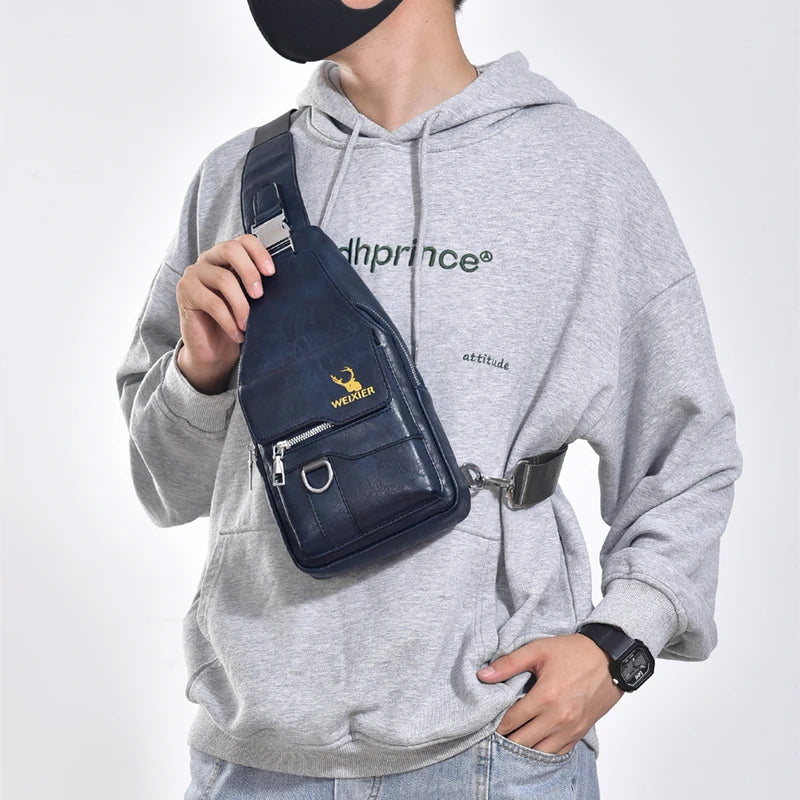 Women's & Men's PU Leather Crossbody Bag – Vintage Waterproof Sling Chest Bag with Large Capacity